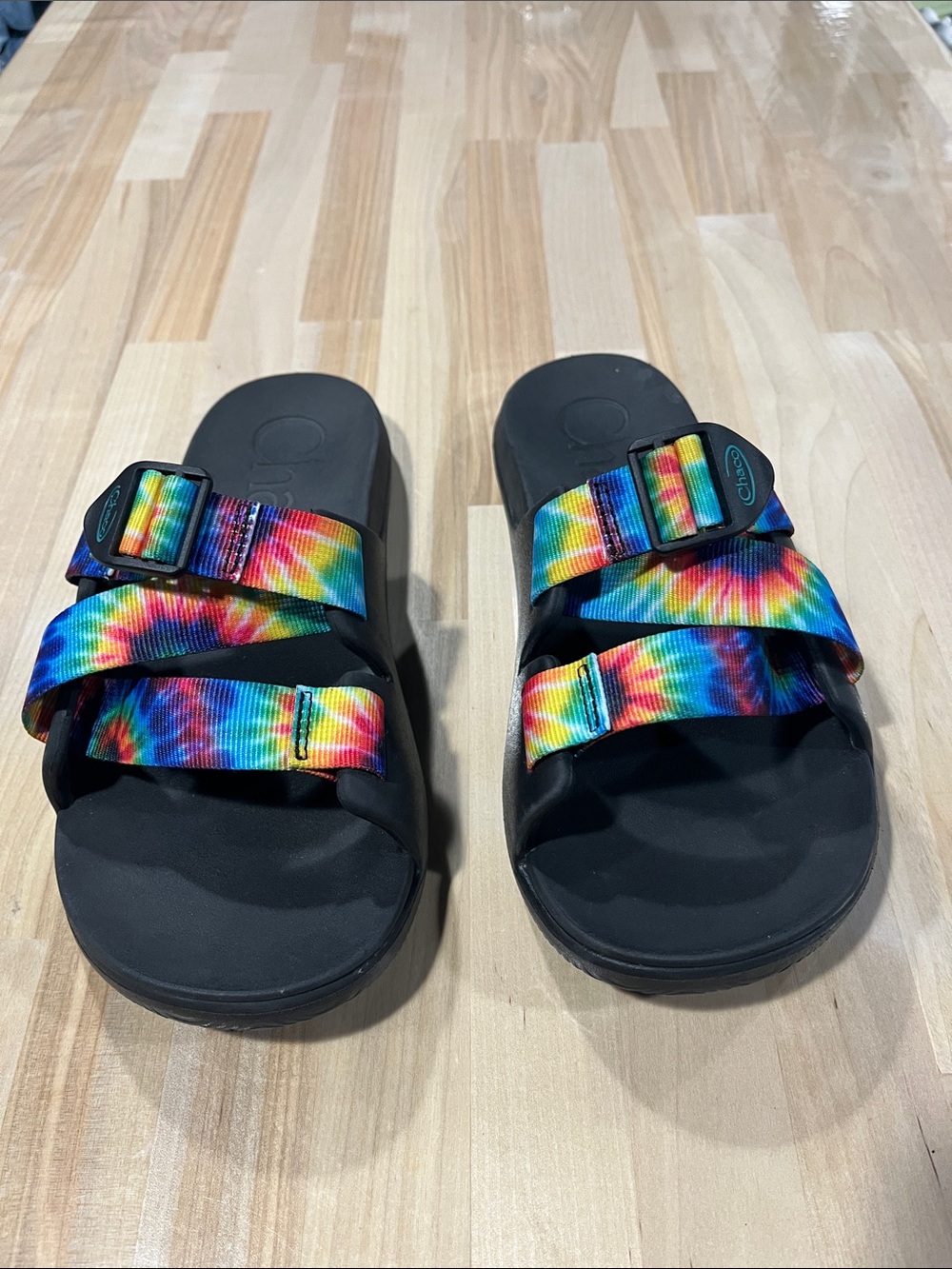 Chaco Black Sandals with Rainbow Tie-Dye Straps